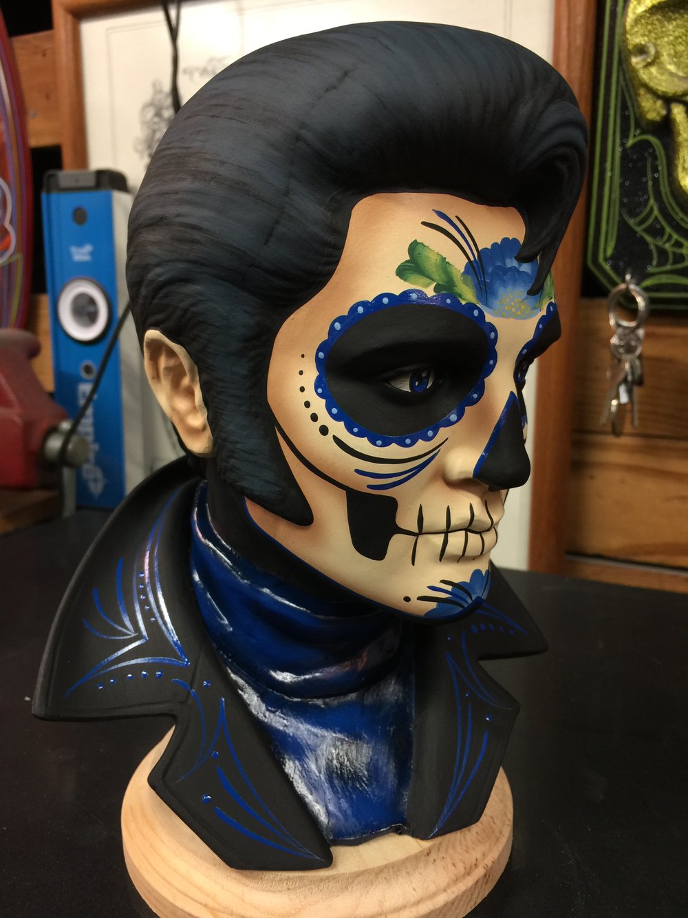 Royal Blue Day of the Dead Ceramic Elvis Bust