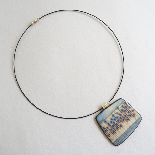 Contemporary Porcelain Statement Necklace, Handmade Pendant, Blue Stems