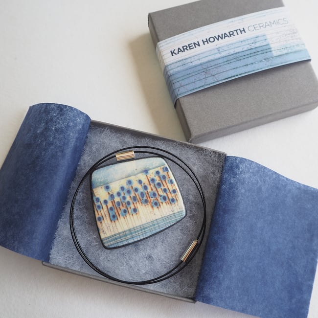 Contemporary Porcelain Statement Necklace, Handmade Pendant, Blue Stems