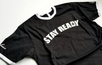 Image 1 of STAY READY/GOOD KARMA UNIVERSITY RINGER TEE (BLACK)