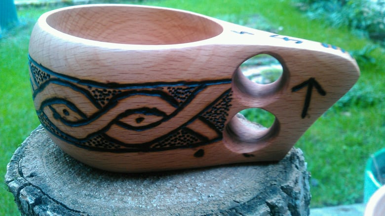 Image of Kuksa cup, handmade with custon wood burned artwork!