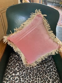 Image 9 of Pink Velvet Cushion with Virgin of Guadalupe appliqué patch