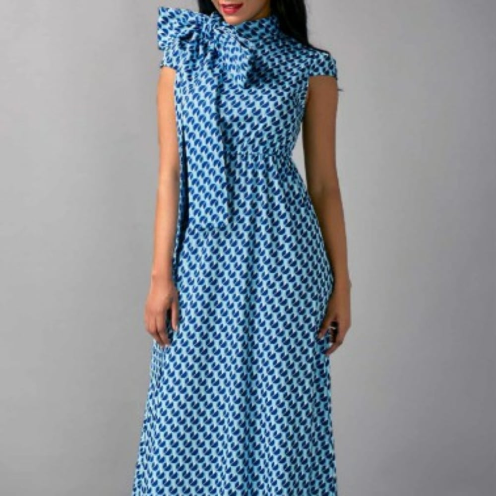 Image of Blue Bow Tie Neck Dress