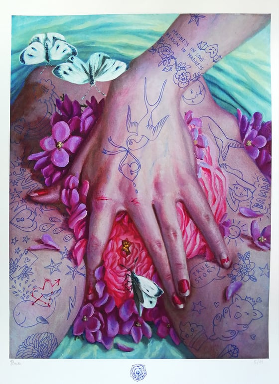 Image of hand embellished unique print edition of "self portrait as L'Origine du monde" 5/11