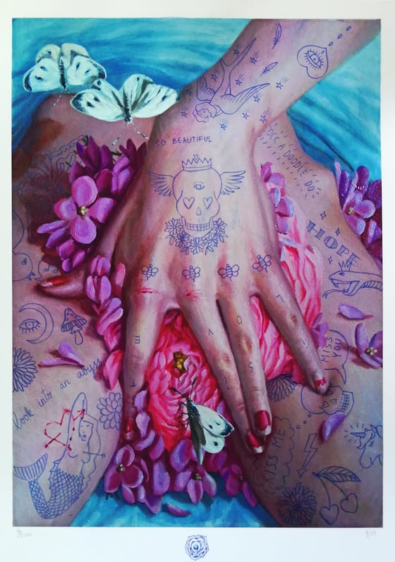 Image of hand embellished unique print edition of "self portrait as L'Origine du monde" 9/11