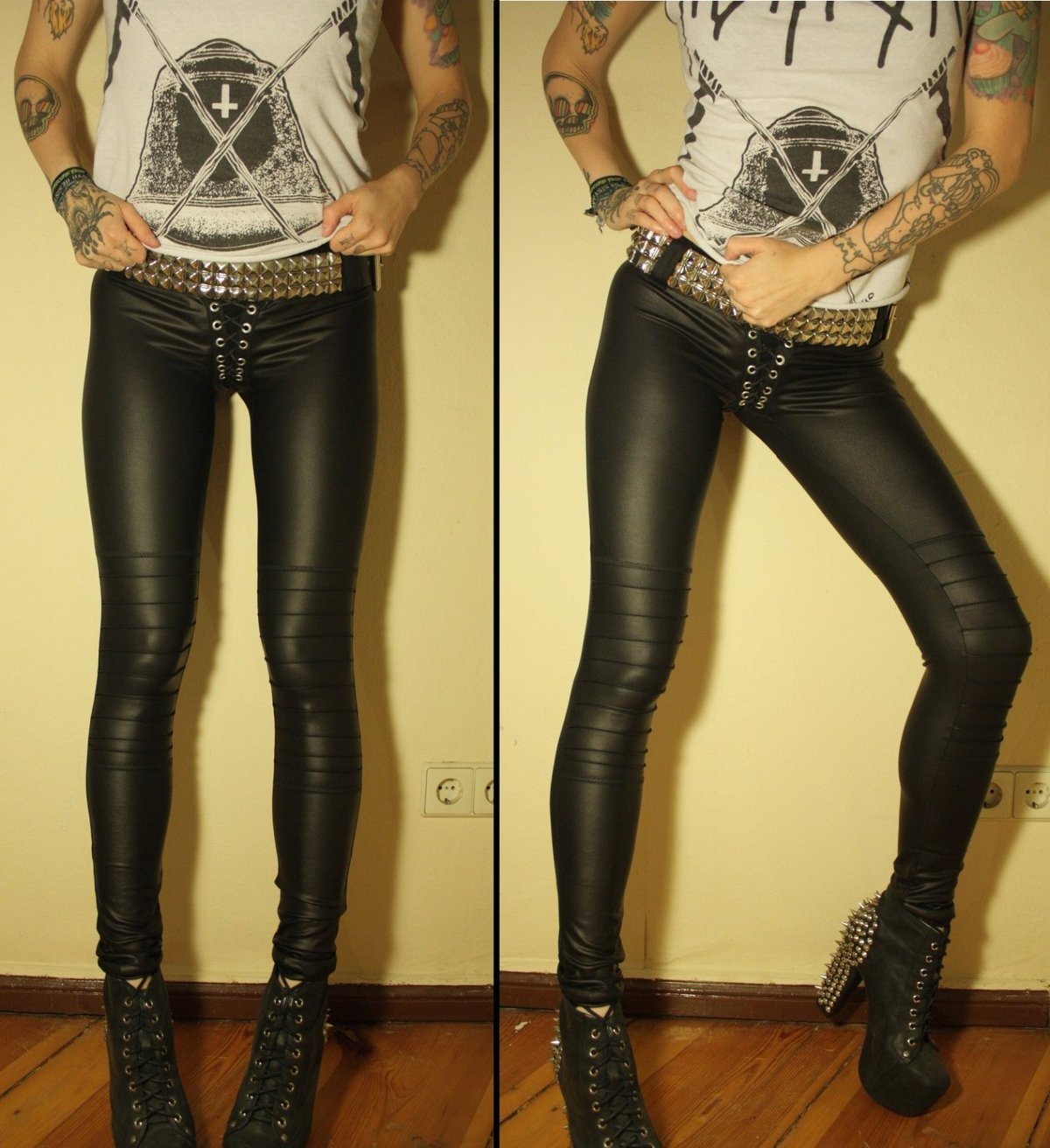 Image of Fauxleather pants with kneepads