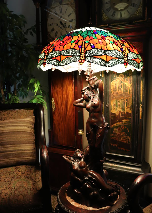 Image of Tiffany Style Bronze 44" Lamp - Green and Orange Stained Glass Dragonfly Shade