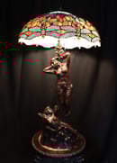 Image of Tiffany Style Bronze 44" Lamp - Green and Orange Stained Glass Dragonfly Shade