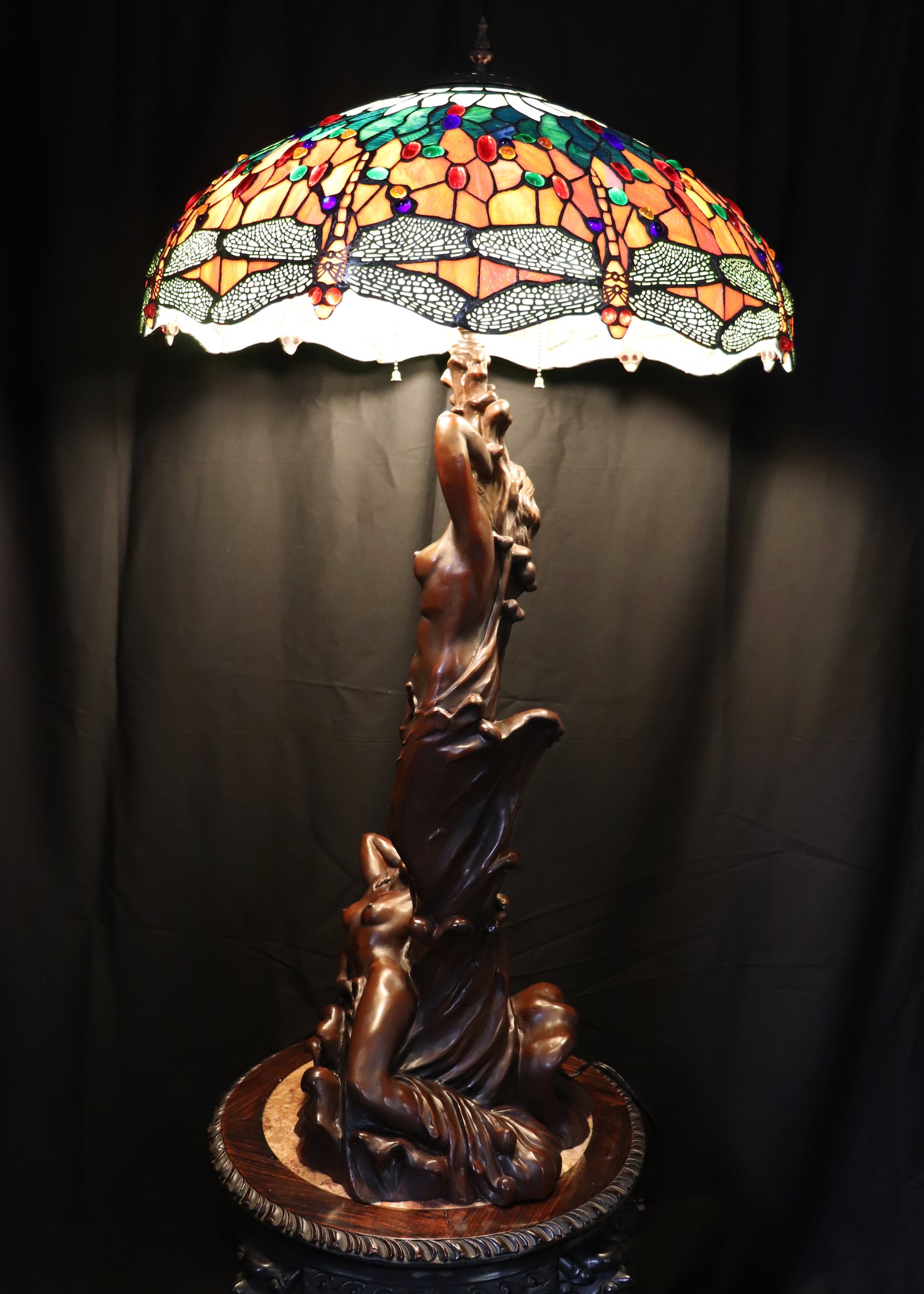 Tiffany Style Bronze 44 Lamp Green And Orange Stained