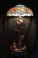 Image of Tiffany Style Bronze 44" Lamp - Green and Orange Stained Glass Dragonfly Shade