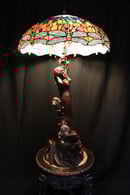Image of Tiffany Style Bronze 44" Lamp - Green and Orange Stained Glass Dragonfly Shade