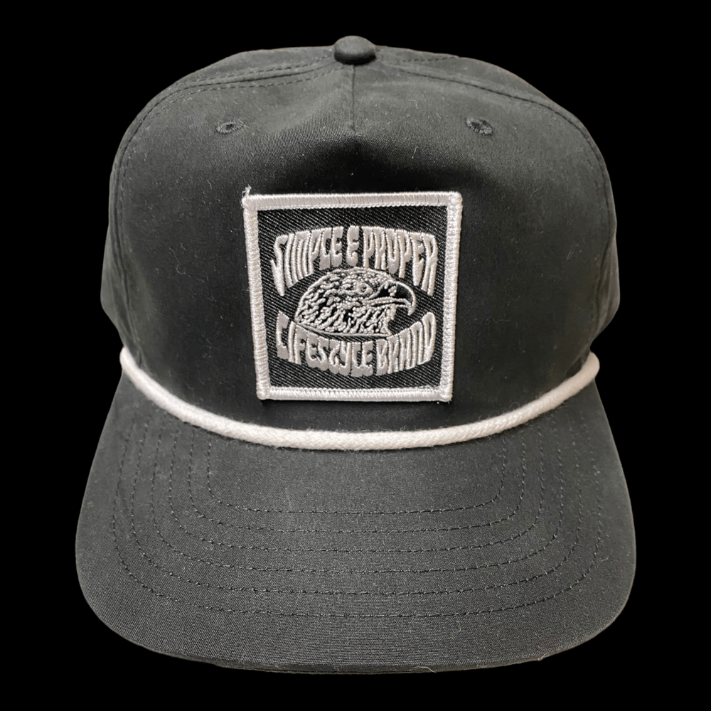 Image of S&P-“Bold Eagle” Branded Logo PatchWork 5-Panel Roped SnapBack Cap (Black)