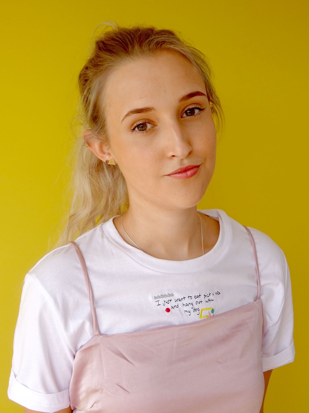 Image of Embrodiered 'I just wanna eat pick n mix and hang out with my dog' organic t-shirt