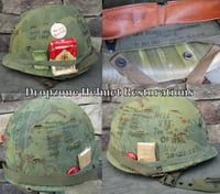 Image 2 of Vietnam M-1C Airborne Helmet & 1967 liner Mitchell Camo Cover Rations. "WIDOW MAKER"