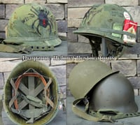 Image 4 of Vietnam M-1C Airborne Helmet & 1967 liner Mitchell Camo Cover Rations. "WIDOW MAKER"