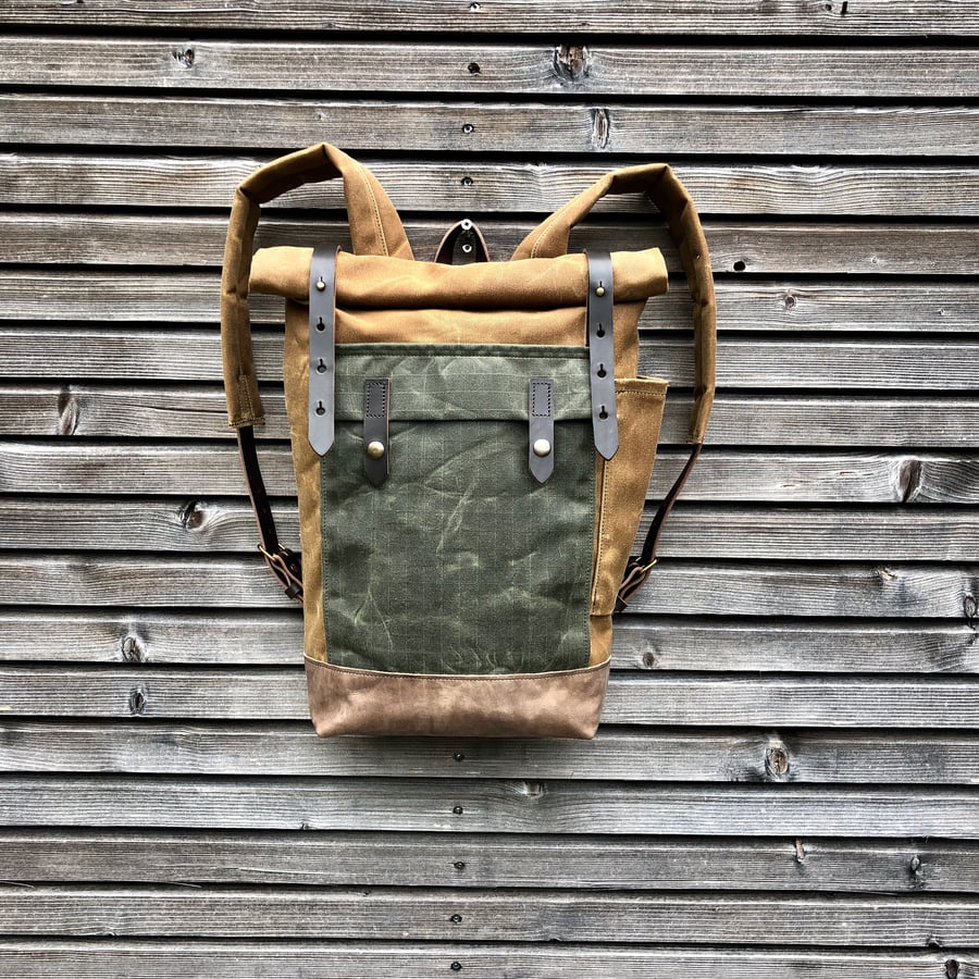 Image of Waxed canvas leather Backpack medium size / Commuter backpack / Hipster Backpack with roll top and l