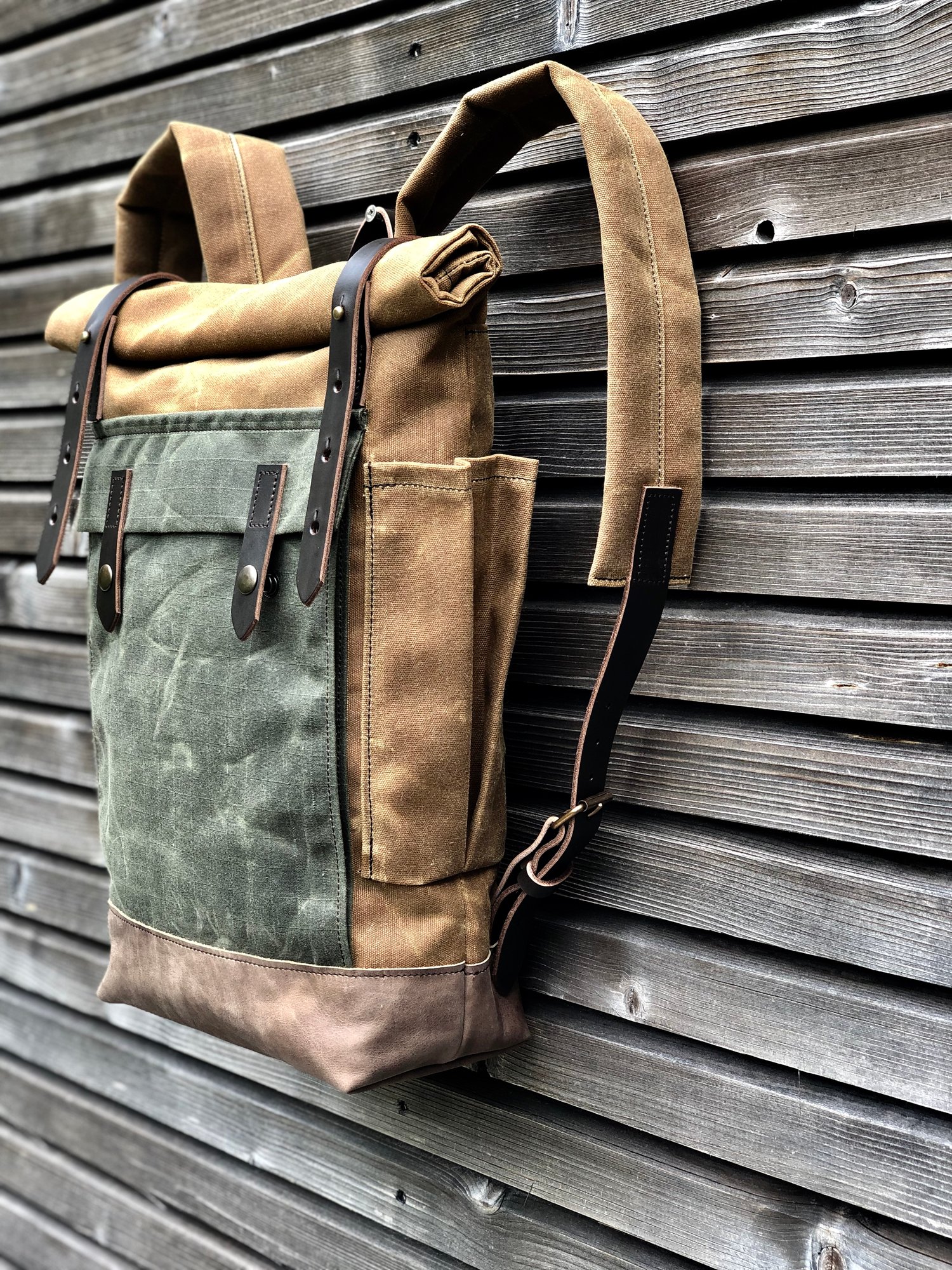 Image of Waxed canvas leather Backpack medium size / Commuter backpack / Hipster Backpack with roll top and l