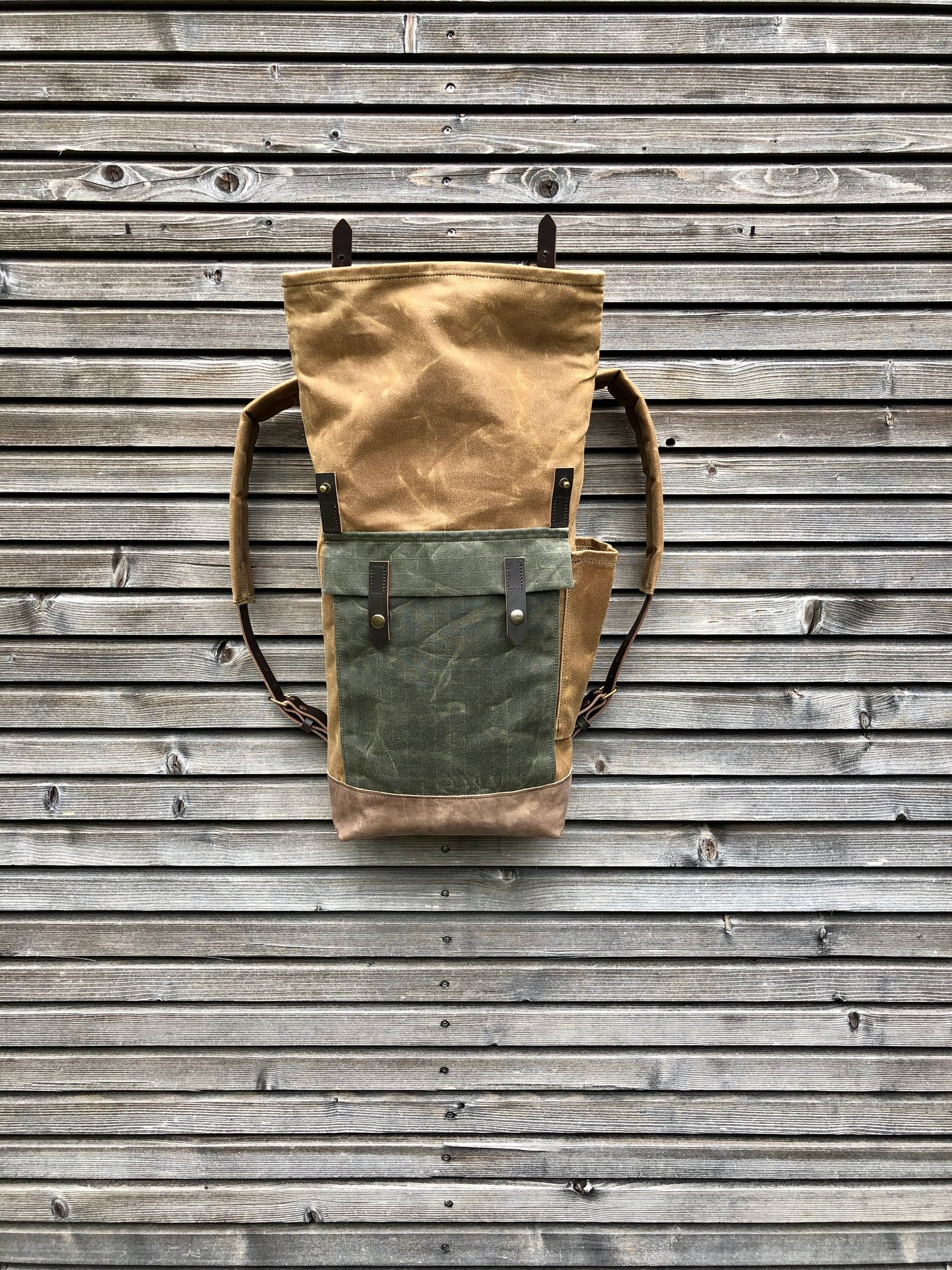 Image of Waxed canvas leather Backpack medium size / Commuter backpack / Hipster Backpack with roll top and l