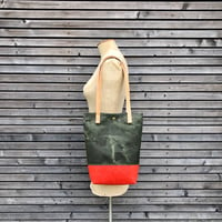 Image 1 of Waxed canvas and Piñatex™ tote bag - eco friendly simple tote bag - tote bag with red bottom