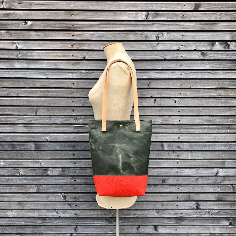 Image of Waxed canvas and Piñatex™ tote bag - eco friendly simple tote bag - tote bag with red bottom
