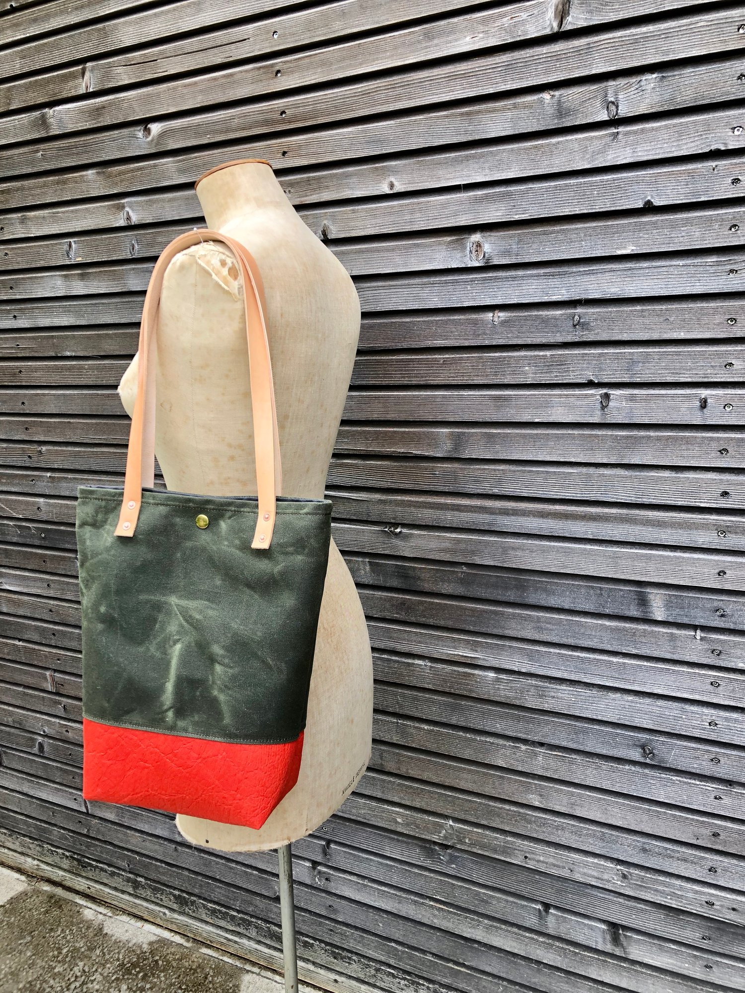 Image of Waxed canvas and Piñatex™ tote bag - eco friendly simple tote bag - tote bag with red bottom