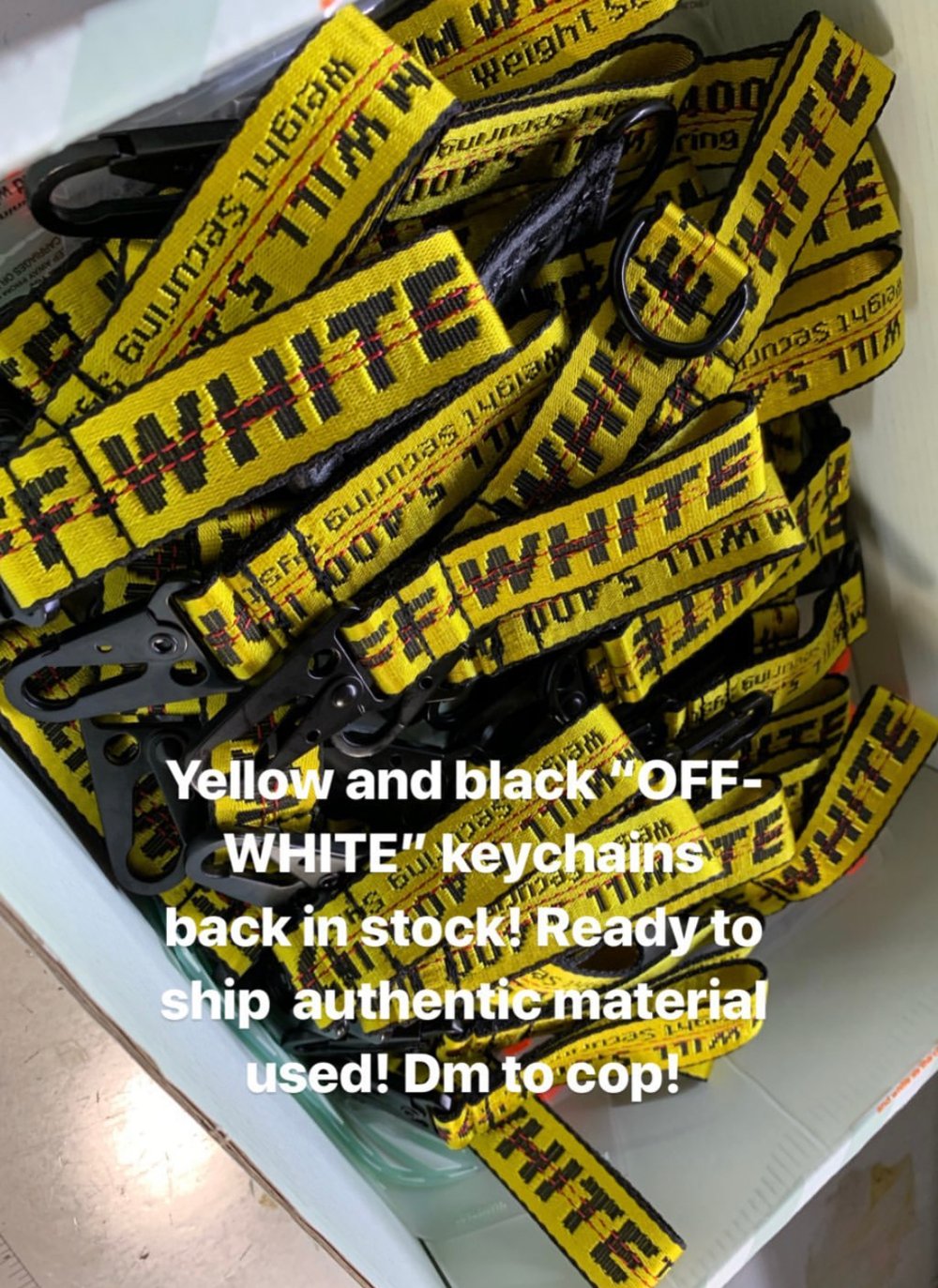 Custom “OFF-WHITE” keychain made with authentic material