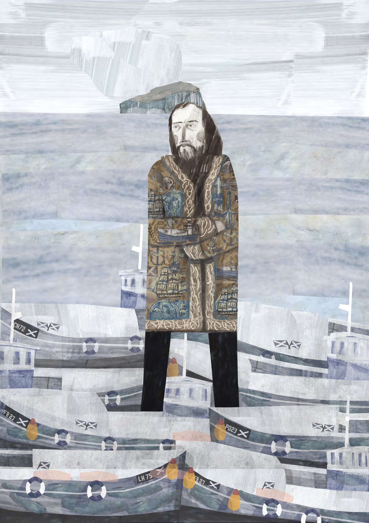 Image of John Bellany is wearing his Afghan coat as he watches the boats in Port Seton