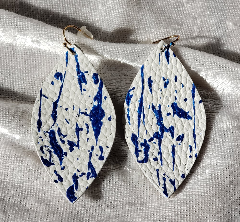 White and Metallic Blue Leather Earrings 