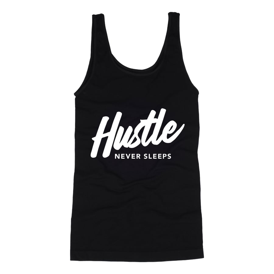 Image of "Hustle Never Sleeps" Women's Black Racerback Tank 