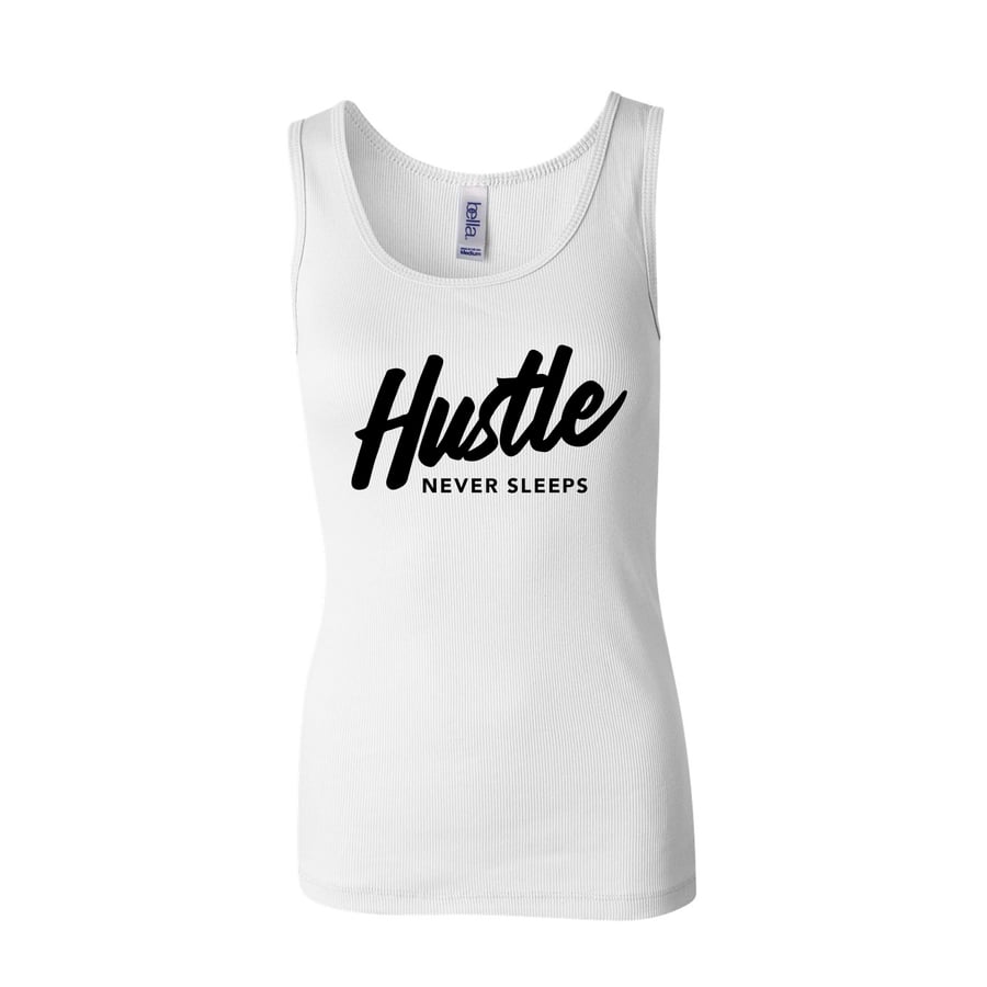 Image of "Hustle Never Sleep" Women's White Racerback Tank 