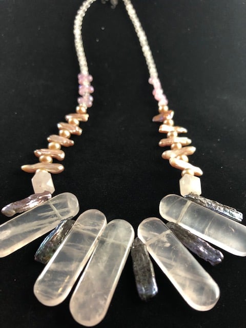 Image of Freshwater Pearl / Long Pink Crystal Choker Necklace