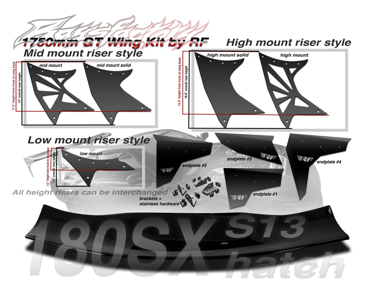 Image of Nissan 180sx/240sx hatch 1750mm FRP GT Wing kit