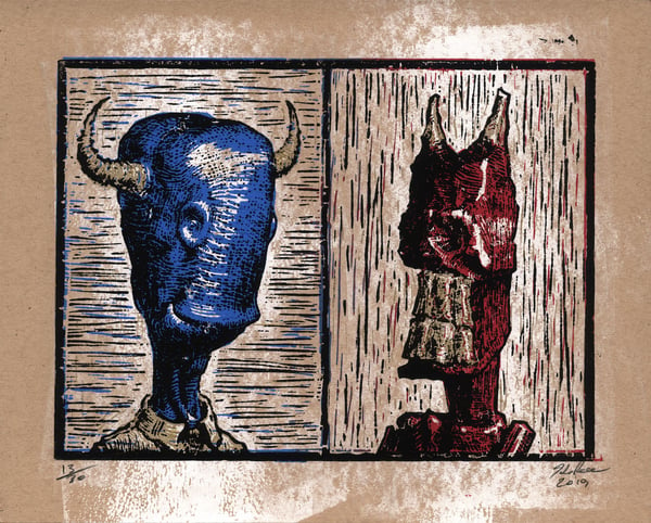 Image of The Devil and The Damn Blue Smiler - Linoleum Block Print