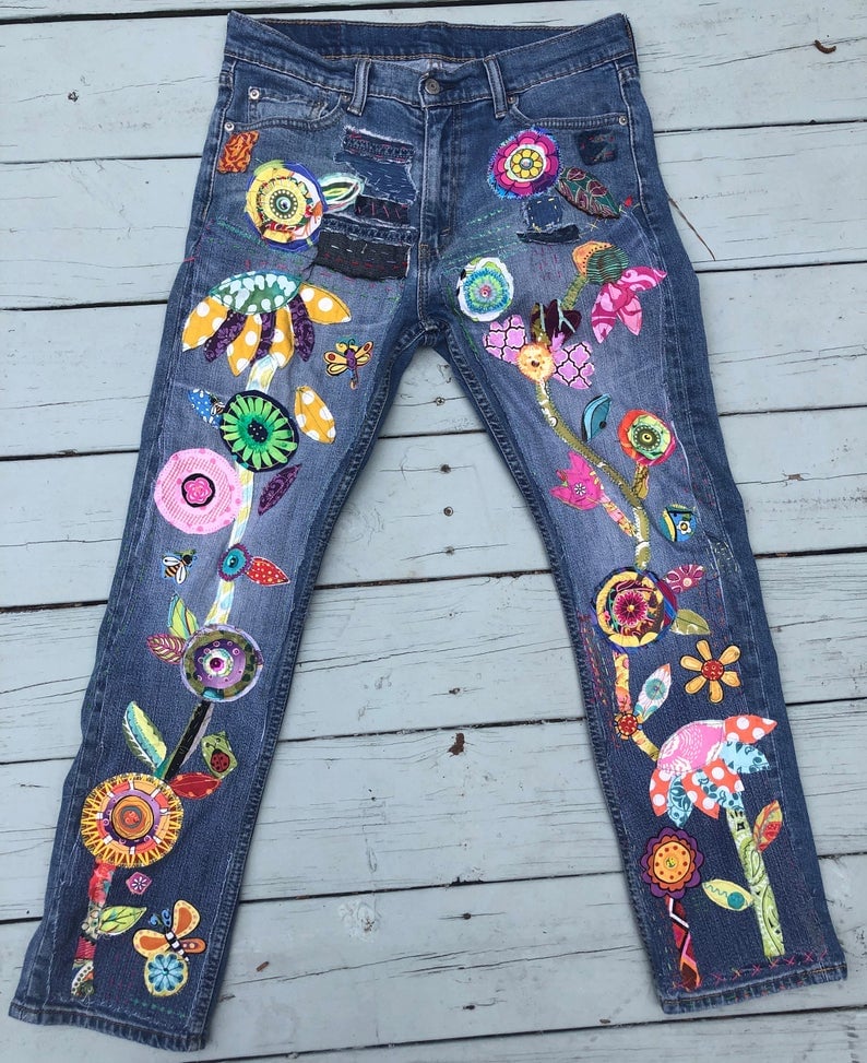 Image of Patchwork Jeans - Boyfriend Jeans Flowers. Beading. Hand Embroidery. Sequins.