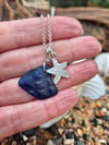 Blue Seaglass and Silver Starfish Necklace 