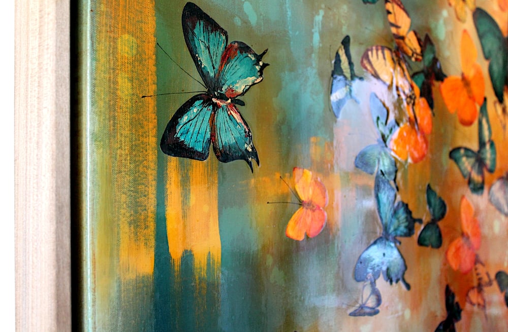 Image of Original Canvas - Butterflies on Prussian Blue/Turquoise/Gold - 36" x 60"