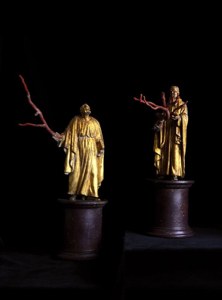 Image of Pair of 19th century gilt wood and Mediterranean coral sculptures of saints