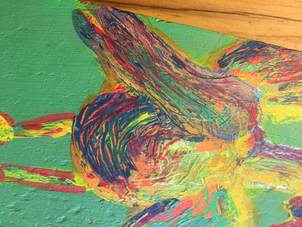 Image of “bloodshot eye plywood bird” original acrylic painting by Dan P.