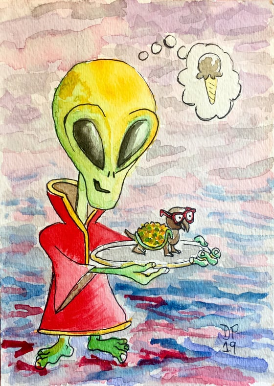 Image of “Alien Turtle Ice Cream” original watercolor painting by Dan P.
