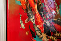 Image 2 of Original Canvas - Koi on Crimson with Turquoise and Gold - 36" x 48"