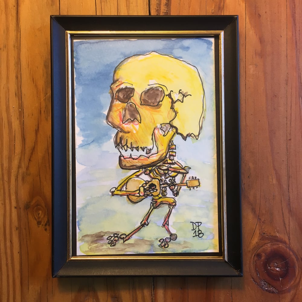 Image of “Big Skull Strummer” all original 4x6 watercolor painting by Dan P.