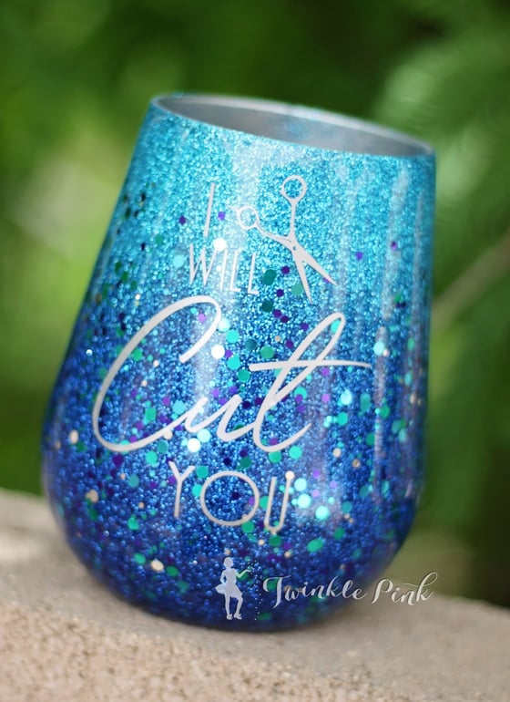 Image of Hand glittered funny wine tumbler - I will cut you hair dresser