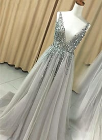 Image 2 of Shinny V-Neckline Long Tulle Prom Dresses 2020, Beaded Party Dresses