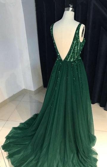 Shinny V-Neckline Long Tulle Prom Dresses 2020, Beaded Party Dresses