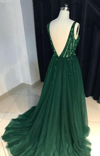 Image 3 of Shinny V-Neckline Long Tulle Prom Dresses 2020, Beaded Party Dresses