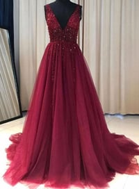 Image 1 of Shinny V-Neckline Long Tulle Prom Dresses 2020, Beaded Party Dresses
