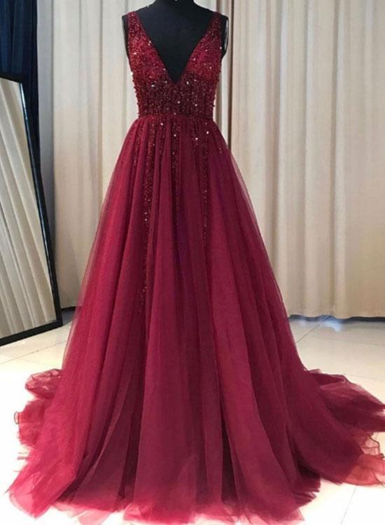 Shinny V-Neckline Long Tulle Prom Dresses 2020, Beaded Party Dresses