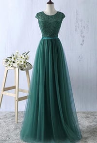 Image 1 of Pretty Green Lace Long Bridesmaid Dress, Tulle Junior Prom Dress