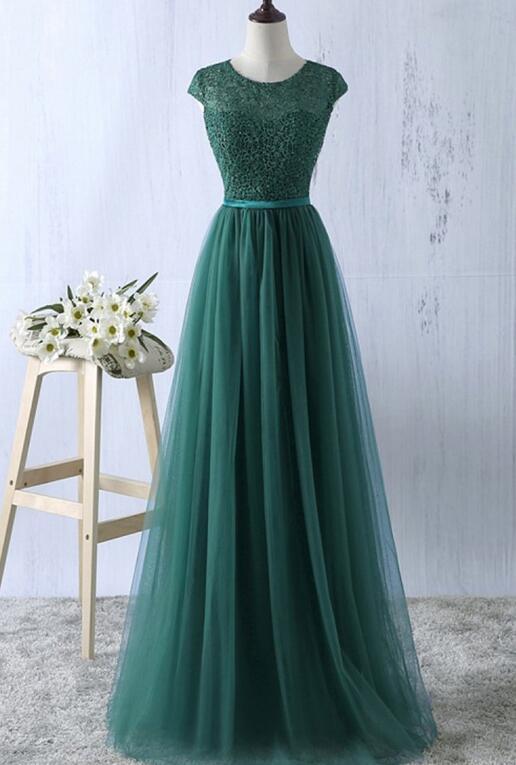 Pretty Green Lace Long Bridesmaid Dress, Tulle Junior Prom Dress ...