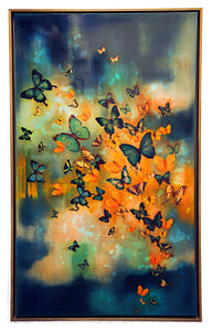 Image of Original Canvas - Butterflies on Prussian Blue/Turquoise/Gold - 36" x 60"